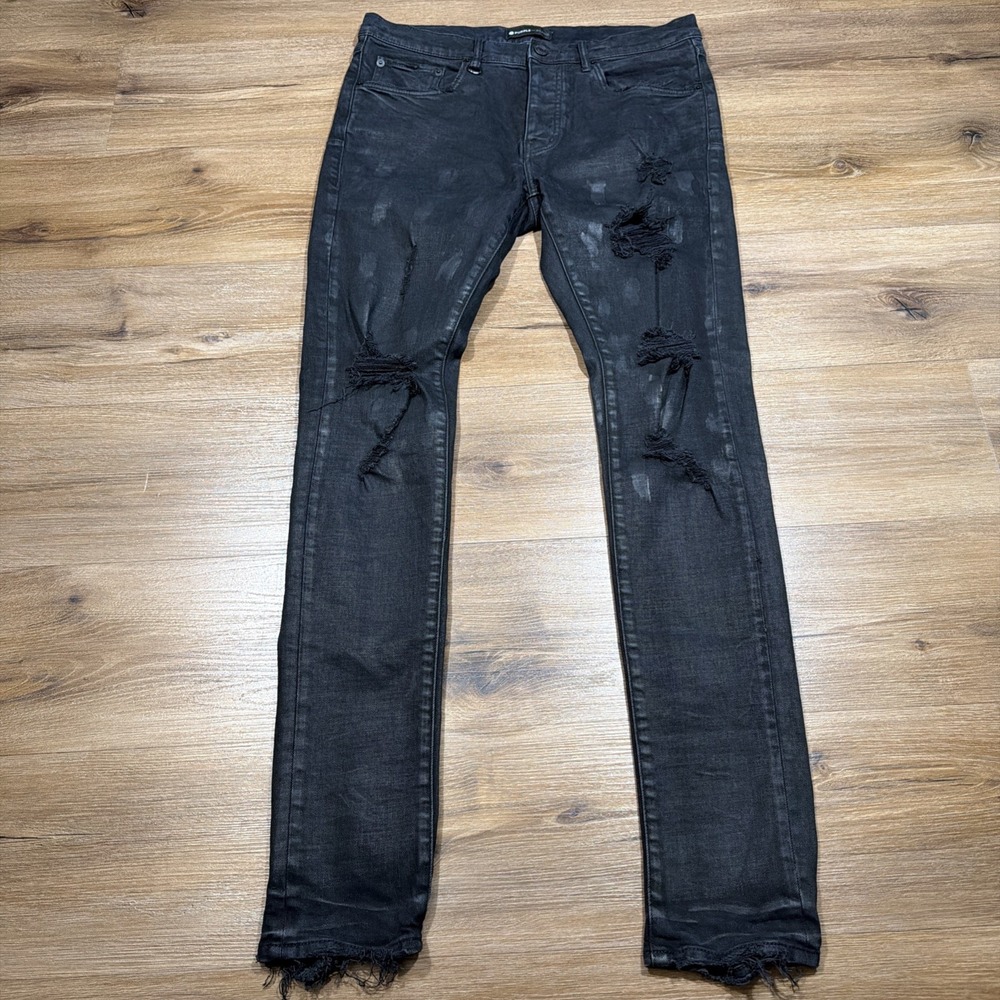 Purple Brand Mens 32x33" P001 Skinny Jeans Black Oil Spill Distressed Button Fly